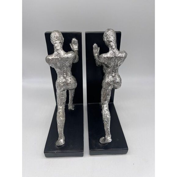 Metal Sliver Men Pushing Sculpture Balck / Silver Bookends - Picture 1 of 6